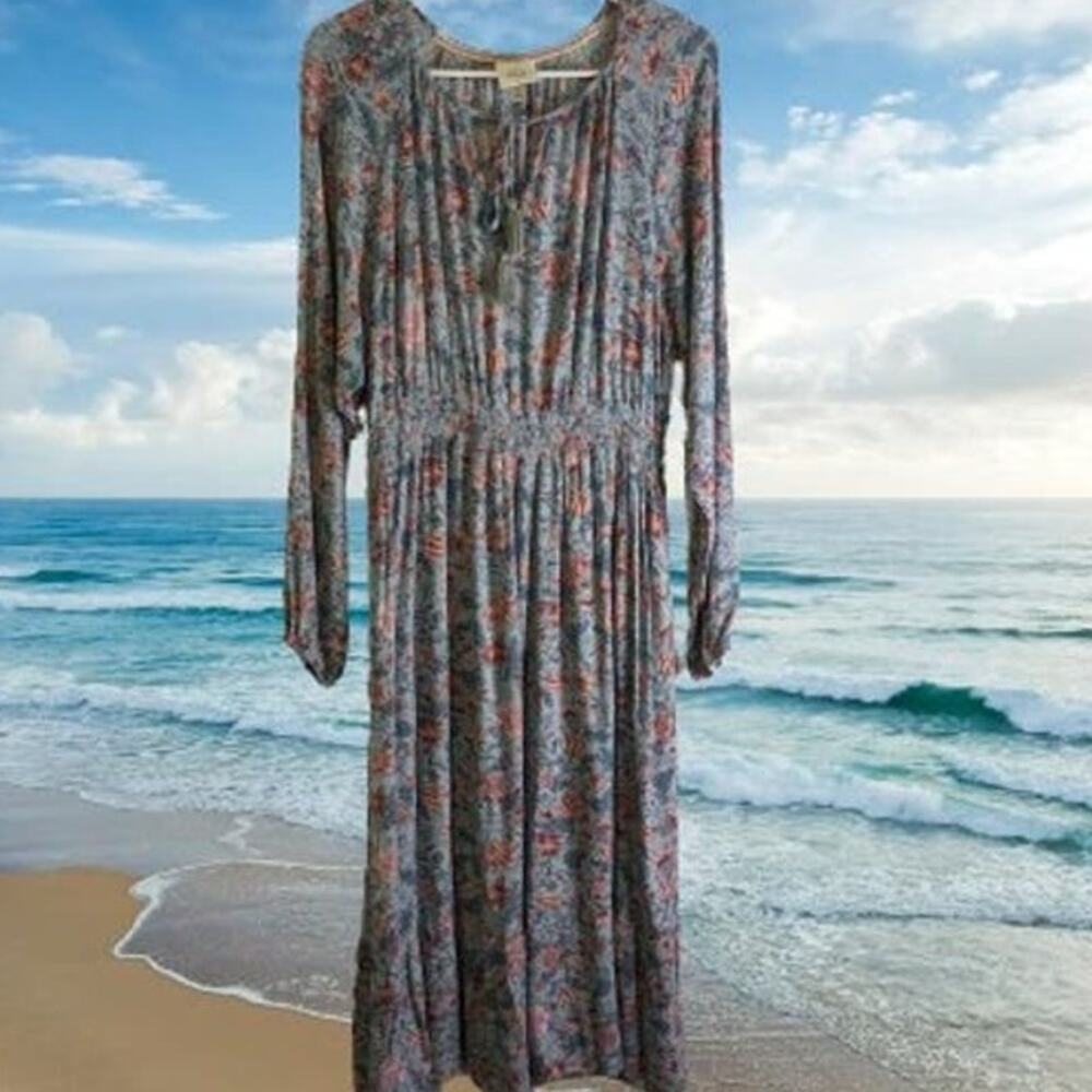 Knox Rose Large floral blue and pink long sleeve cottage core rayon dress